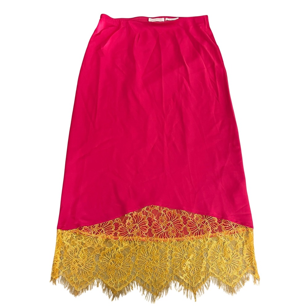 Urban Outfitters Lace Trim Satin Slip Skirt Womens Medium Hot Pink Yellow Fairy